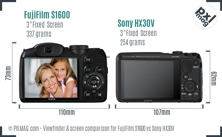FujiFilm S1600 vs Sony HX30V Screen and Viewfinder comparison