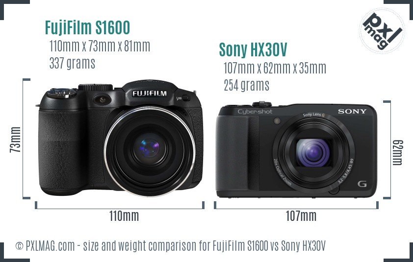 FujiFilm S1600 vs Sony HX30V size comparison