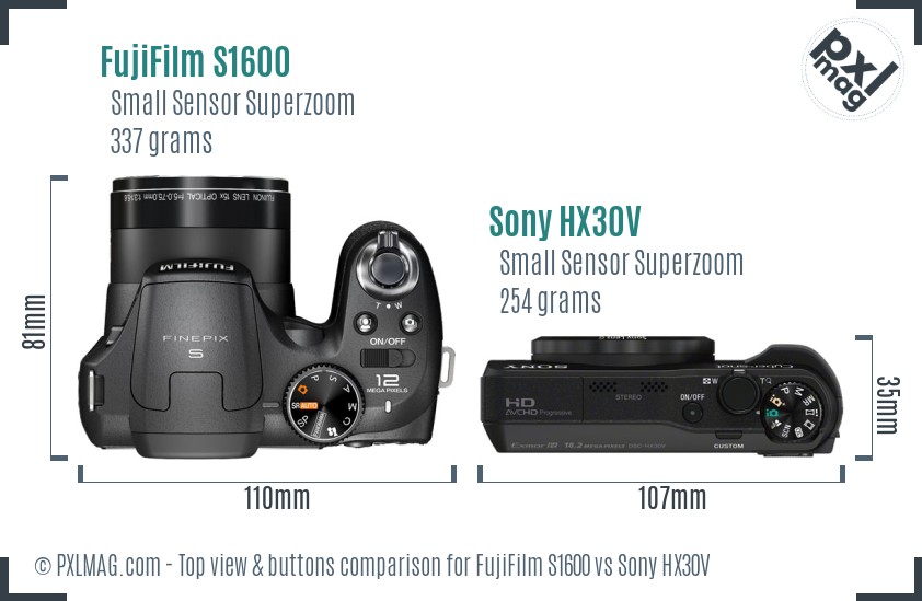 FujiFilm S1600 vs Sony HX30V top view buttons comparison