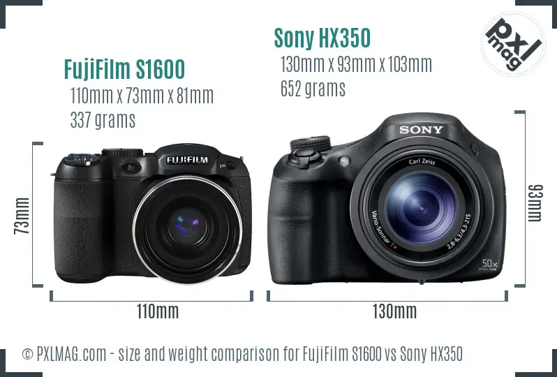 FujiFilm S1600 vs Sony HX350 size comparison