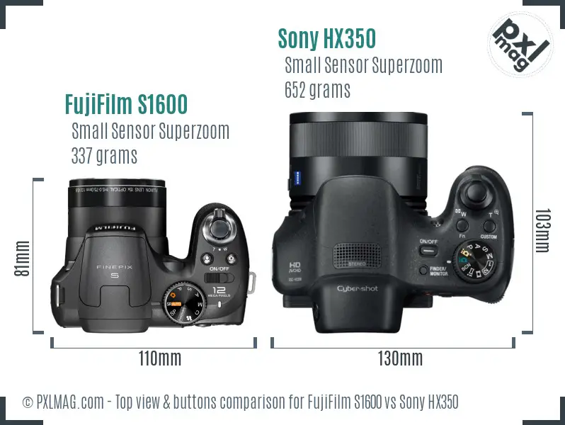 FujiFilm S1600 vs Sony HX350 top view buttons comparison