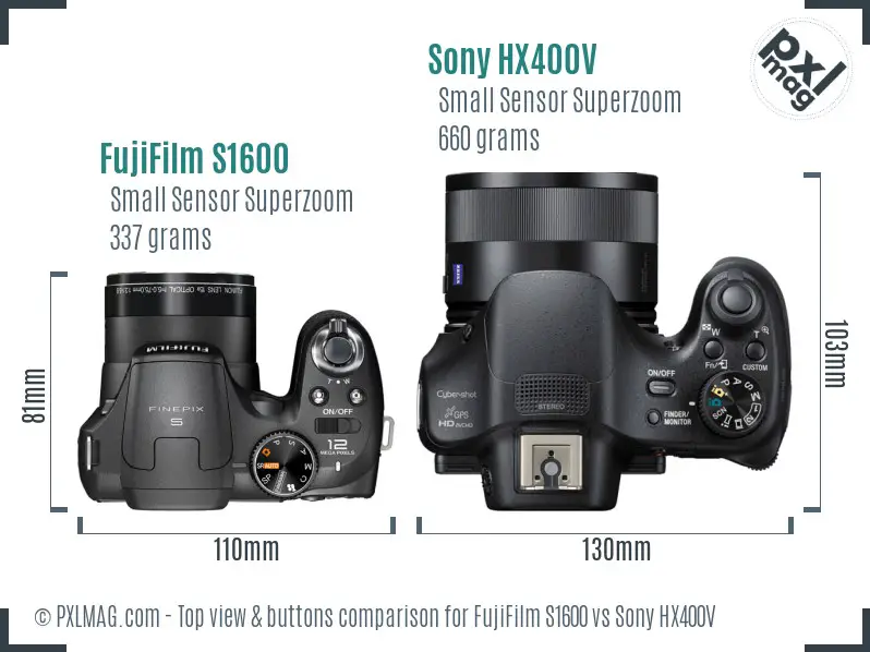 FujiFilm S1600 vs Sony HX400V top view buttons comparison