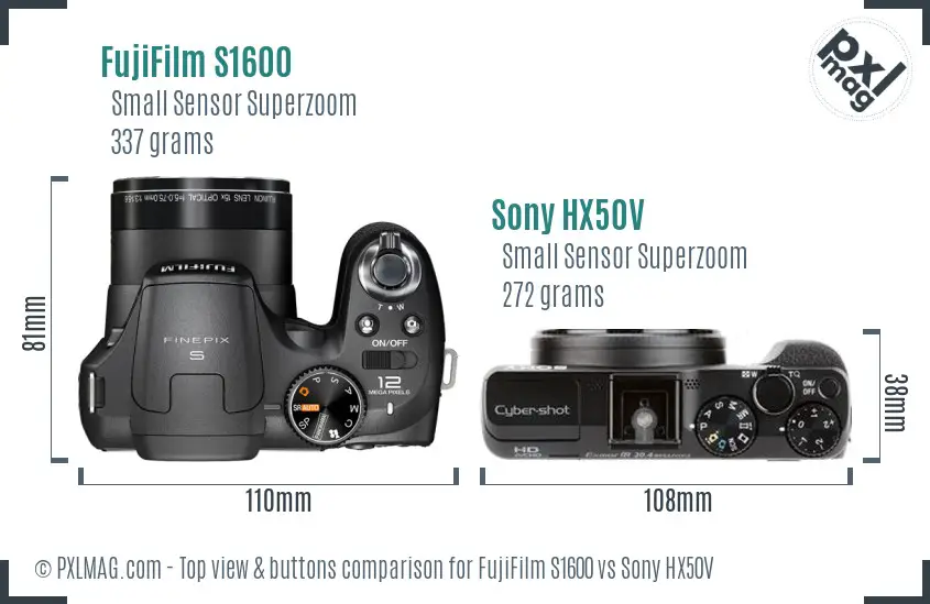 FujiFilm S1600 vs Sony HX50V top view buttons comparison