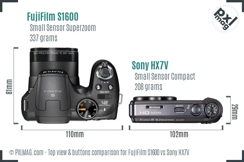 FujiFilm S1600 vs Sony HX7V top view buttons comparison