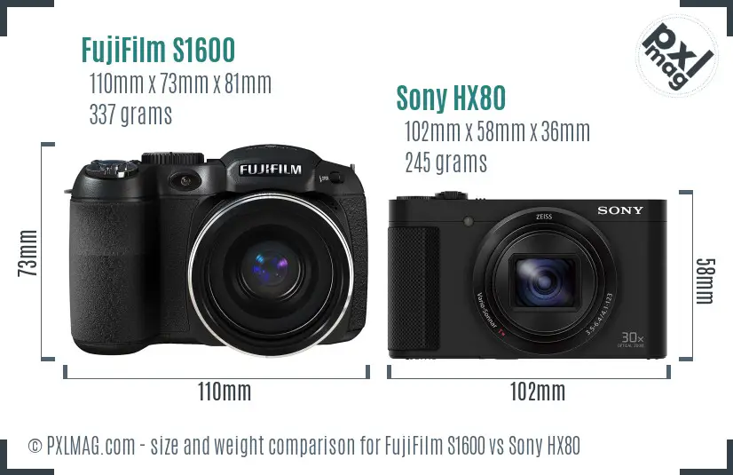 FujiFilm S1600 vs Sony HX80 size comparison