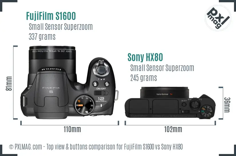 FujiFilm S1600 vs Sony HX80 top view buttons comparison