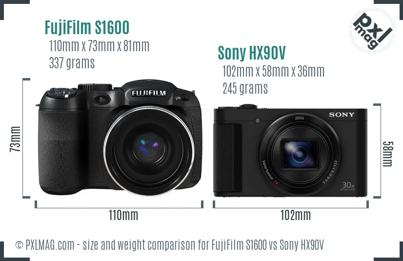 FujiFilm S1600 vs Sony HX90V size comparison