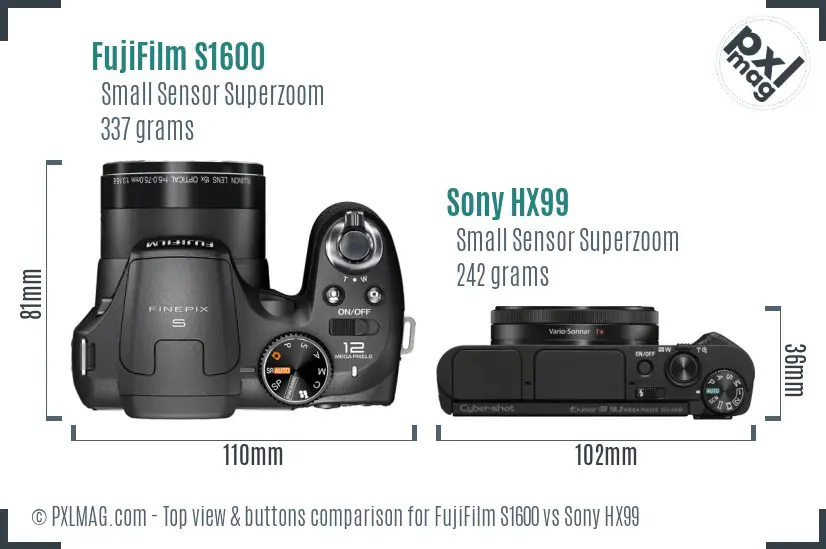 FujiFilm S1600 vs Sony HX99 top view buttons comparison