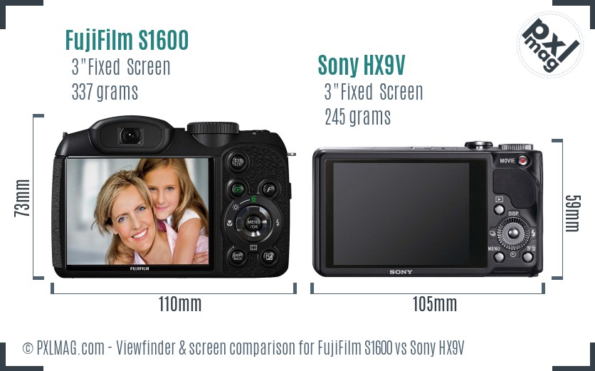 FujiFilm S1600 vs Sony HX9V Screen and Viewfinder comparison