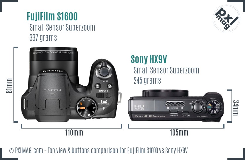 FujiFilm S1600 vs Sony HX9V top view buttons comparison