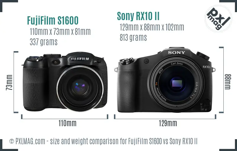 FujiFilm S1600 vs Sony RX10 II size comparison