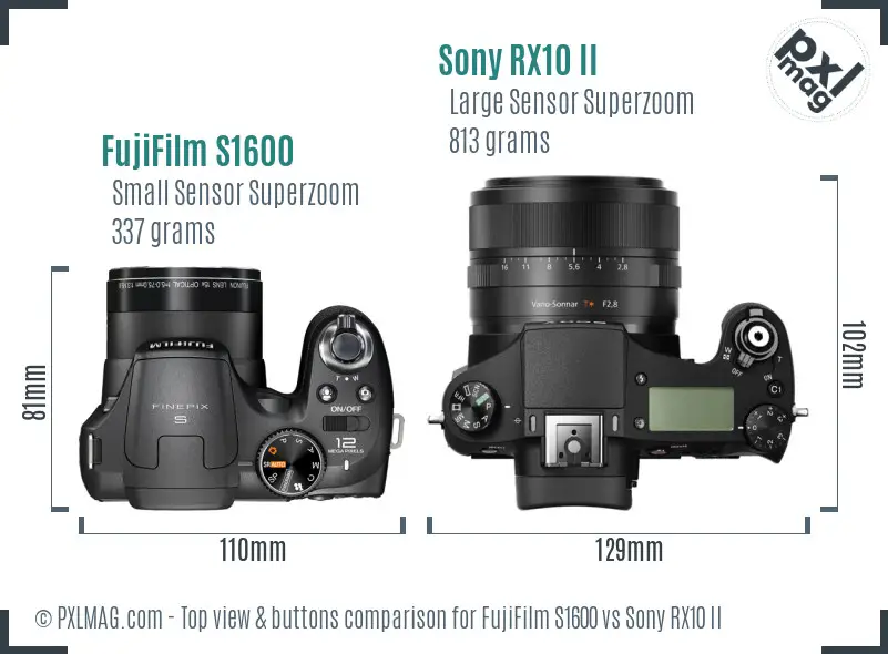 FujiFilm S1600 vs Sony RX10 II top view buttons comparison