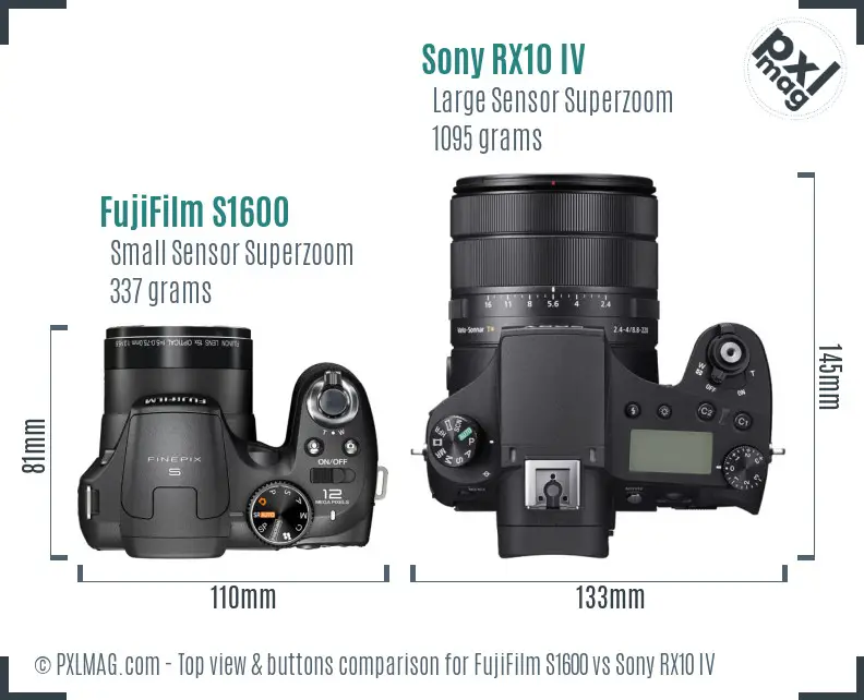 FujiFilm S1600 vs Sony RX10 IV top view buttons comparison