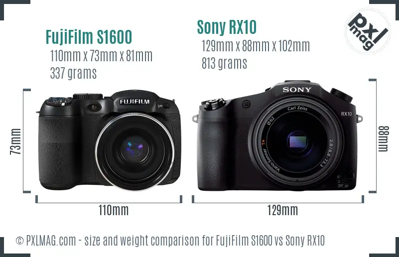 FujiFilm S1600 vs Sony RX10 size comparison