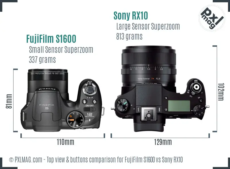 FujiFilm S1600 vs Sony RX10 top view buttons comparison