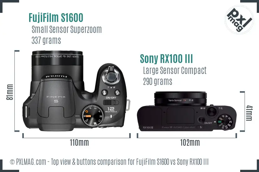 FujiFilm S1600 vs Sony RX100 III top view buttons comparison