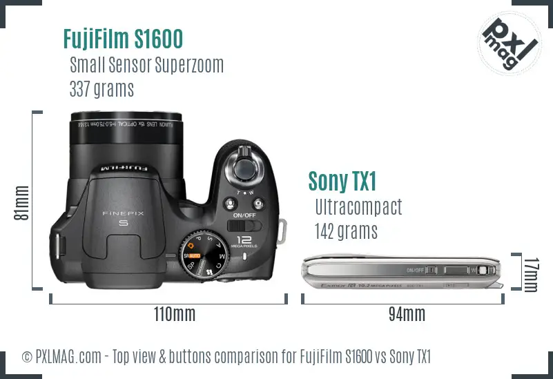 FujiFilm S1600 vs Sony TX1 top view buttons comparison FujiFilm S1600 vs Sony TX1 top view buttons comparison