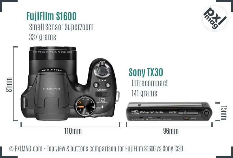 FujiFilm S1600 vs Sony TX30 top view buttons comparison FujiFilm S1600 vs Sony TX30 top view buttons comparison