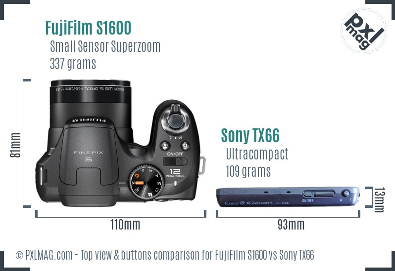 FujiFilm S1600 vs Sony TX66 top view buttons comparison