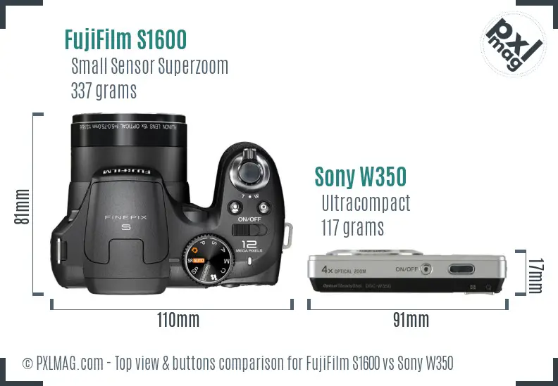 FujiFilm S1600 vs Sony W350 top view buttons comparison FujiFilm S1600 vs Sony W350 top view buttons comparison