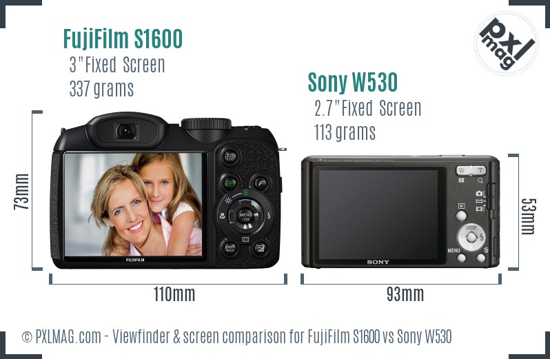 FujiFilm S1600 vs Sony W530 Screen and Viewfinder comparison