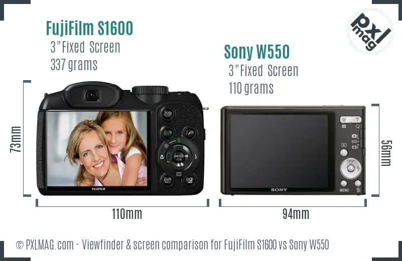 FujiFilm S1600 vs Sony W550 Screen and Viewfinder comparison