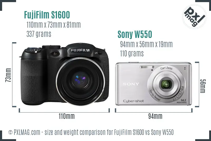 FujiFilm S1600 vs Sony W550 size comparison