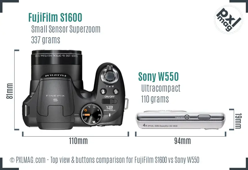FujiFilm S1600 vs Sony W550 top view buttons comparison