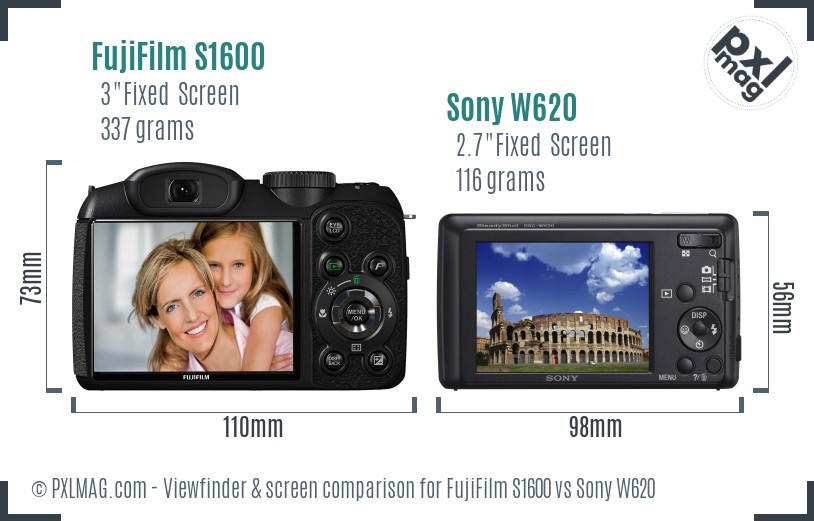 FujiFilm S1600 vs Sony W620 Screen and Viewfinder comparison