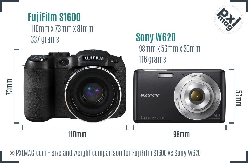 FujiFilm S1600 vs Sony W620 size comparison