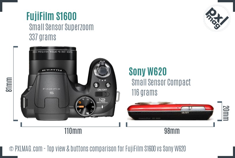 FujiFilm S1600 vs Sony W620 top view buttons comparison