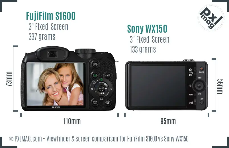 FujiFilm S1600 vs Sony WX150 Screen and Viewfinder comparison