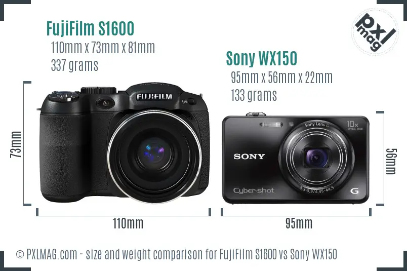 FujiFilm S1600 vs Sony WX150 size comparison