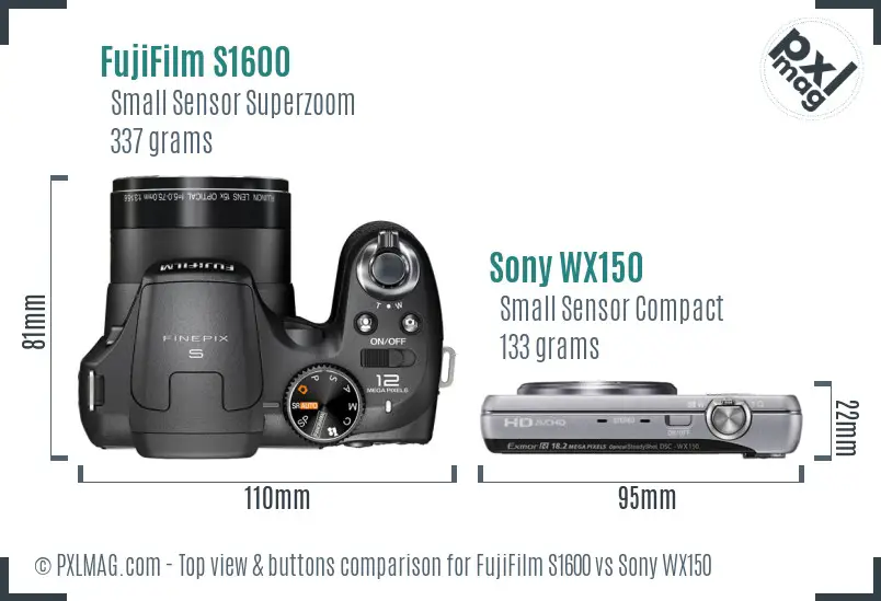 FujiFilm S1600 vs Sony WX150 top view buttons comparison