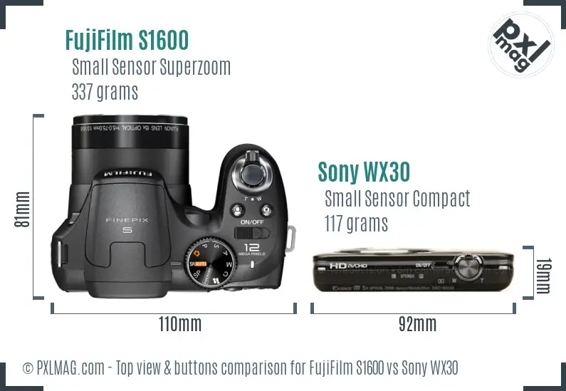 FujiFilm S1600 vs Sony WX30 top view buttons comparison FujiFilm S1600 vs Sony WX30 top view buttons comparison