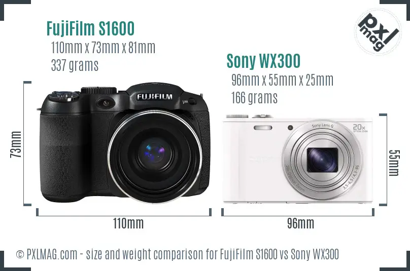 FujiFilm S1600 vs Sony WX300 size comparison