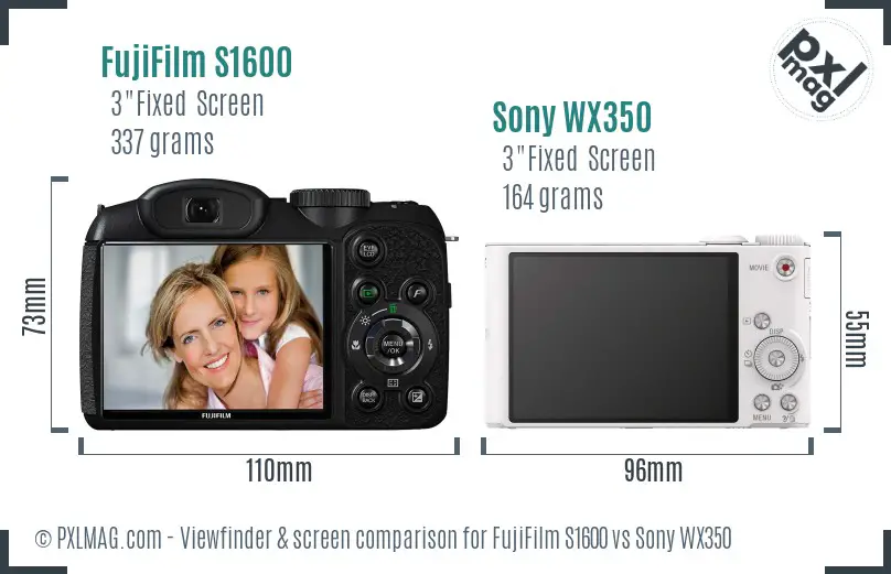 FujiFilm S1600 vs Sony WX350 Screen and Viewfinder comparison