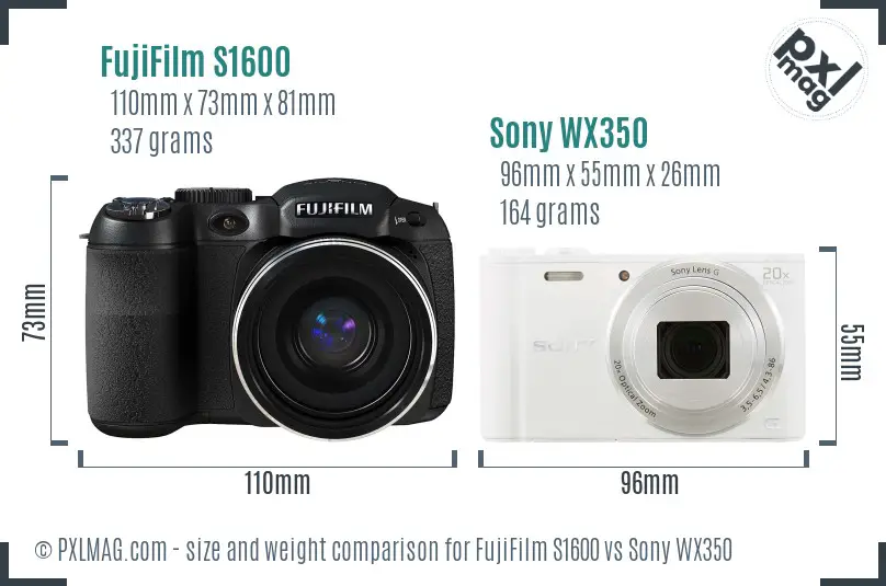 FujiFilm S1600 vs Sony WX350 size comparison
