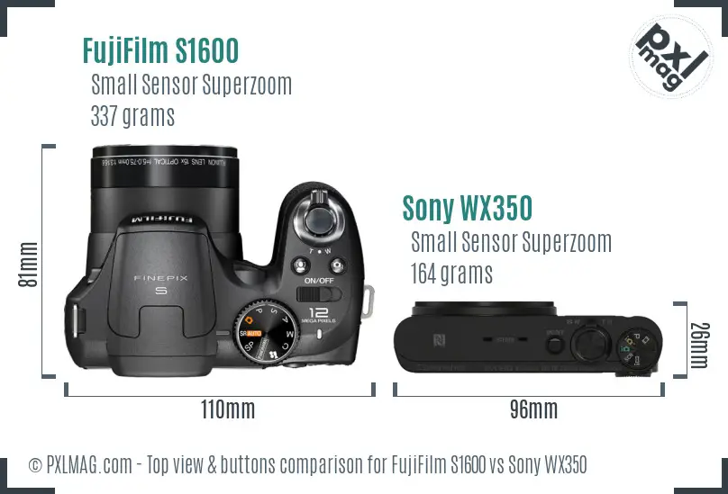 FujiFilm S1600 vs Sony WX350 top view buttons comparison