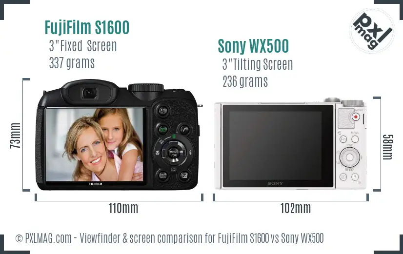FujiFilm S1600 vs Sony WX500 Screen and Viewfinder comparison