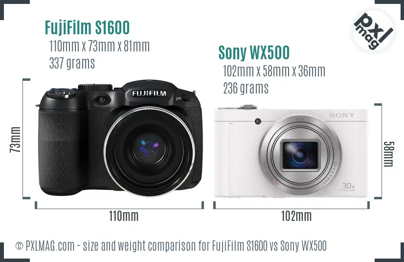 FujiFilm S1600 vs Sony WX500 size comparison
