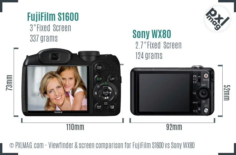 FujiFilm S1600 vs Sony WX80 Screen and Viewfinder comparison