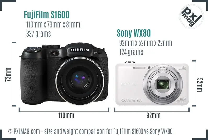 FujiFilm S1600 vs Sony WX80 size comparison