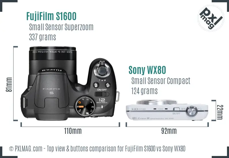 FujiFilm S1600 vs Sony WX80 top view buttons comparison