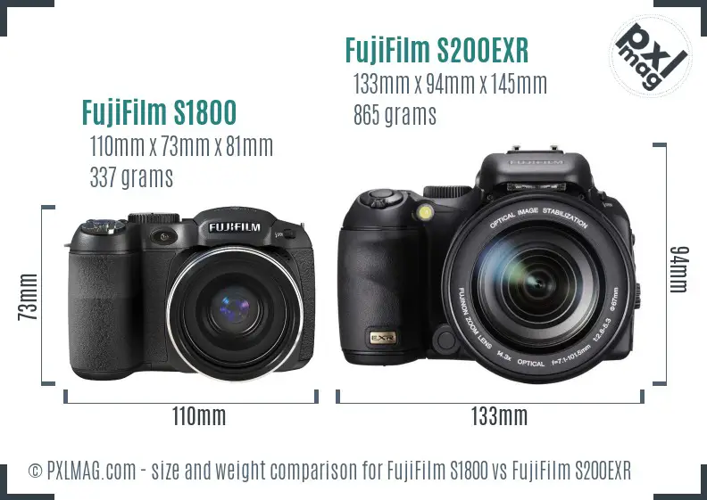 FujiFilm S1800 vs FujiFilm S200EXR size comparison