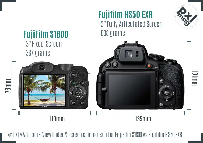FujiFilm S1800 vs Fujifilm HS50 EXR Screen and Viewfinder comparison