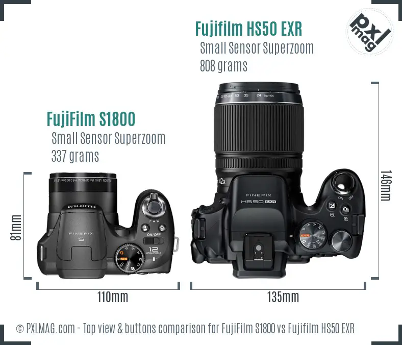 FujiFilm S1800 vs Fujifilm HS50 EXR top view buttons comparison