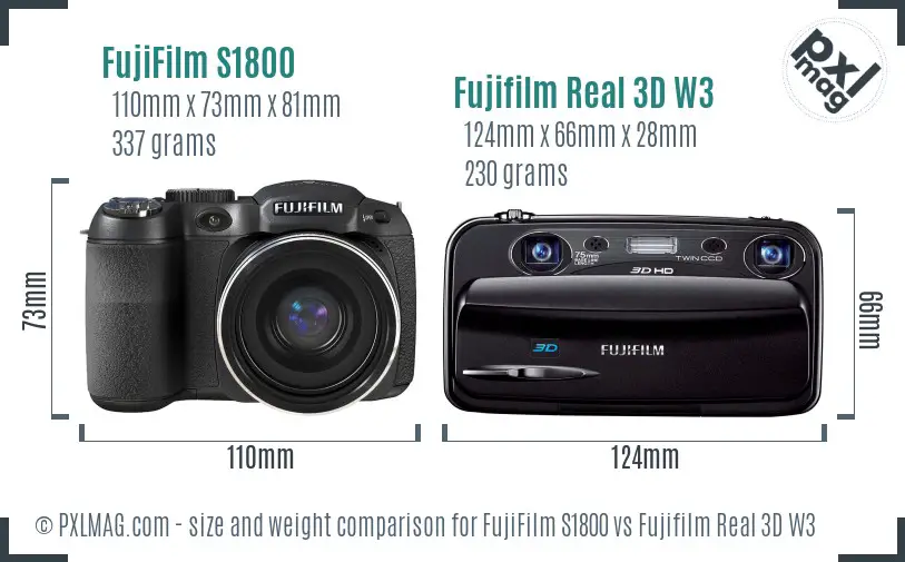 FujiFilm S1800 vs Fujifilm Real 3D W3 size comparison