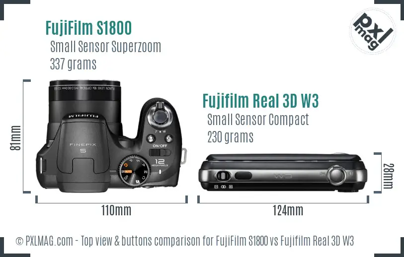 FujiFilm S1800 vs Fujifilm Real 3D W3 top view buttons comparison