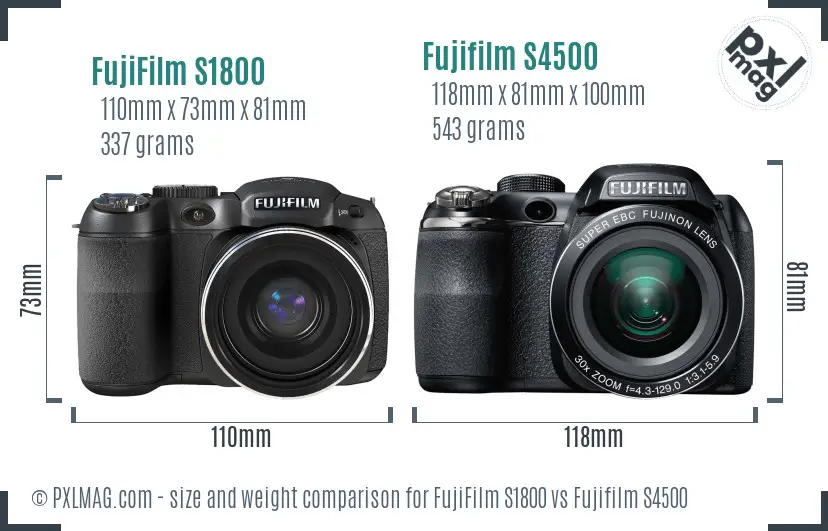 FujiFilm S1800 vs Fujifilm S4500 size comparison